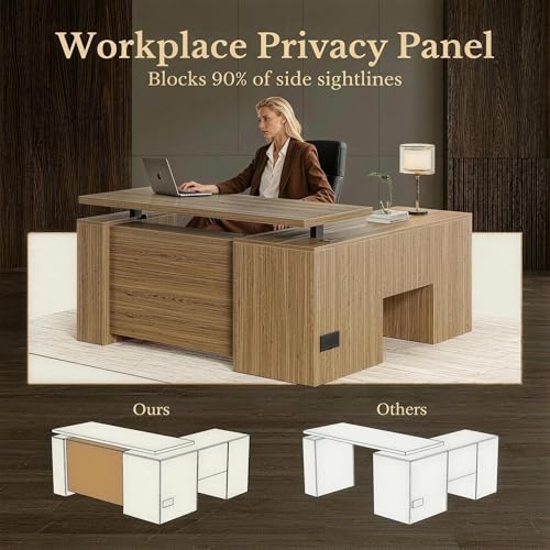Image of 63 Inches L Shaped Electric Standing Desk, Executive Height Adjustable Desk with Drawers and File Cabinet, AC /USB, 1.18 inch Desktop and Privacy Panel for Home Office, Natural Oak
