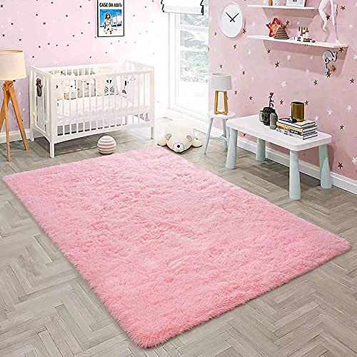 Image of A R Creations Anti Slip Fluffy Fur Plain Area Rug Made with Polyester and Microfiber for Home Office Kitchen Living Room Bedroom and DiningHall (5x7 Feet, Pink