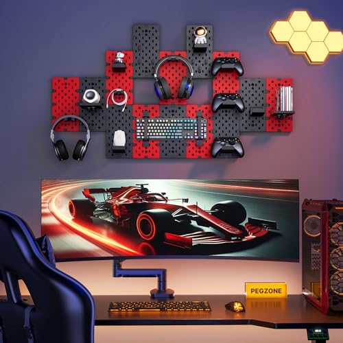 Image of PEGZONE Controller and Headphone Holder Wall Mount, Modular Gaming Pegboard with Accessories, Controller Stand for Xbox PS5 PS4 Switch, Video Game Storage, Disc Shelf, 14pcs Pegboard, Black & Red