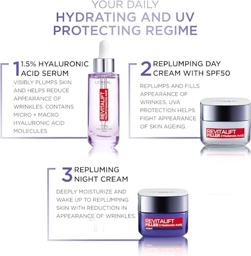 L’Oréal Paris Revitalift Filler Deep Replumping Anti-Ageing SPF50 Cream, UV Protection, Moisturising, Intensely Hydrates and Smooth Wrinkles with Macro, Micro and Micro-Epidermic Hyaluronic Acid, 50ml L’Oréal Paris Revitalift Filler Deep Replumping Anti-Ageing SPF50 Cream, UV Protection, Moisturising, Intensely Hydrates and Smooth Wrinkles with Macro, Micro and Micro-Epidermic Hyaluronic Acid, 50ml