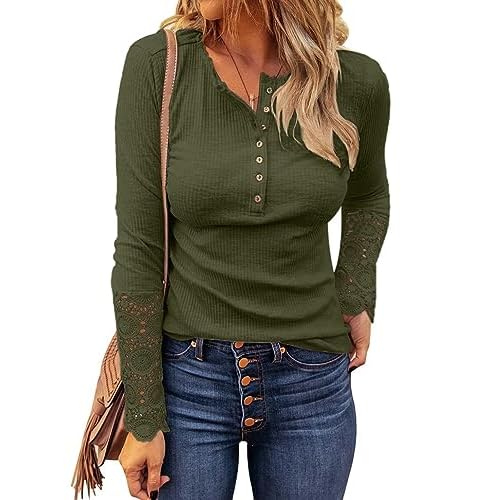 VICHYIE Womens Fall Clothes Long Sleeves Tunic Lace Sleeve V Neck Buttons Shirts Casual Slim Fit Blouses Small A Army Green