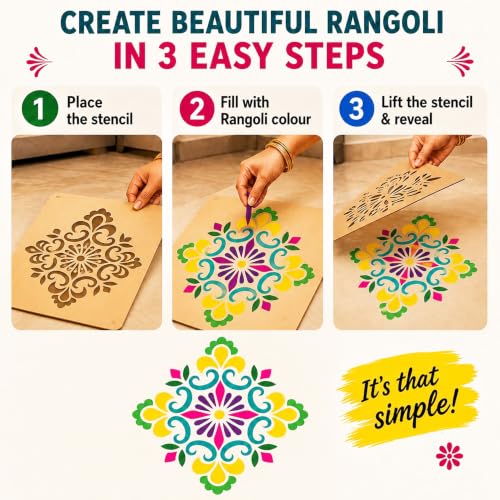 Image of SWAGSTATION Mandala Rangoli Stencils Set Rangoli Stencil Big Size for Floor (Set of 7 Stencil, 6 Rangoli Colors Set, Mandala Decorative Stencils Combo) Mandala Rangoli Making Tools Kit, Multi