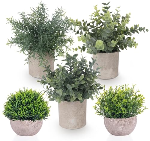 ilauke Fake Plants,5 Set Mini Potted Artificial Plants Indoor Small Eucalyptus Rosemary Plastic Plant Pots Decorative Fake Plant for Office Balcony Desk Bathroom Home Decoration Accessories