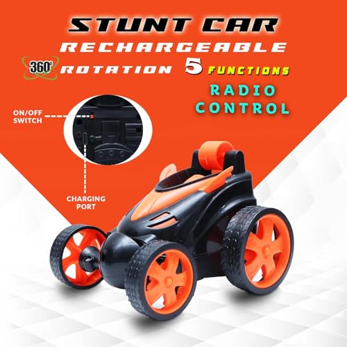 Image of The Flyers Bay Unbreakable Rechargeable 360 Rotating & Rolling Small Stunt Car Toy with USB Cable & Remote Controller | Red Color, Power Source: Lithium Battery in Car (Included) (Orange)
