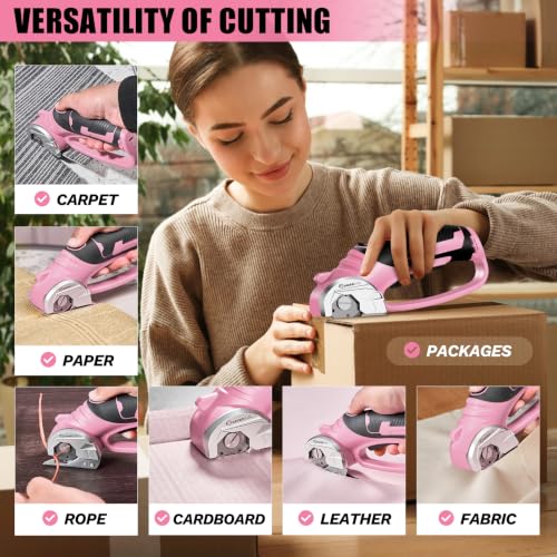 Image of SakerPlus Cordless Electric Scissors,4V Rechargeable Cardboard Box Cutter Heavy Duty Fabric Scissor with Safety Lock & LED Light,Power Rotary Cutter for Leather Carpet Plastic Cutting,Sewing,Crafting