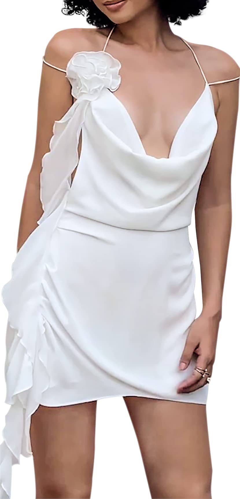 Babalet Women's Y2k Backless Dress Ruffle Trim 3D Flower Sexy Sleeveless Strap Halter Bodycon Mini Night Party Club Dresses