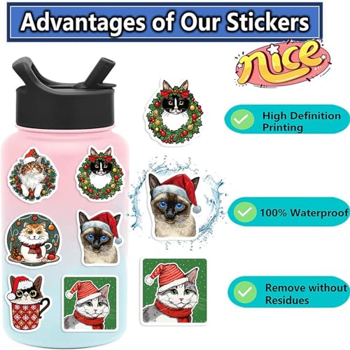 Christmas Cats Stickers 50PCS Kawaii Funny Christmas Cats Toy Stickers for Book Graffiti Waterproof Vinyl Decalsfor Christmas Party Birthday Supplies Decoration Favors