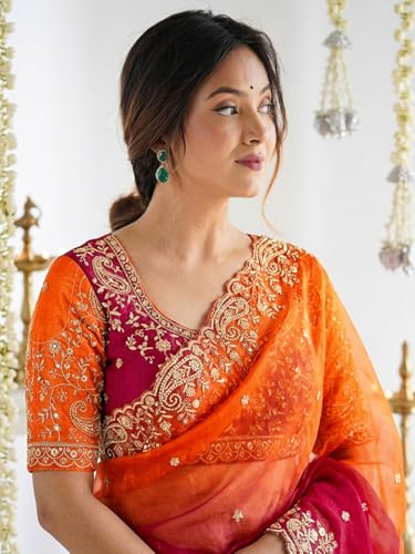 Image of SIRIL Women's Shimmer Chiffon Scalloped Border Sequins Embroidery Saree With Unstitched Blouse Piece
