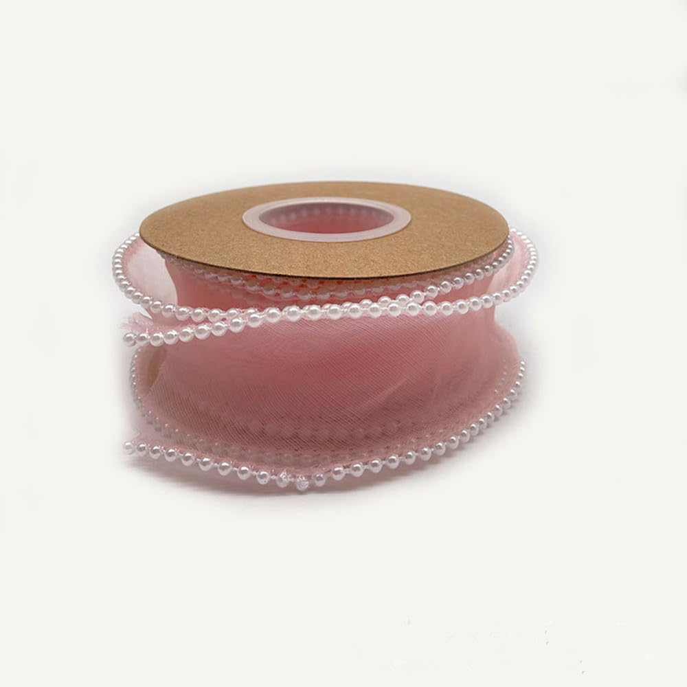 Trim Ribbon Pearl Beaded Lace, Gift Ribbon Decoration Applique for DIY Crafts, Gift Wrapping, Christmas Wedding Party Ceremony Decorations, 4.5 Yard (Pink)