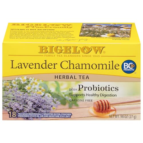 Bigelow Tea Lavender Chamomile plus Probiotic Herbal Tea, Caffeine Free, 18 Total Tea Bags (Pack of 1)