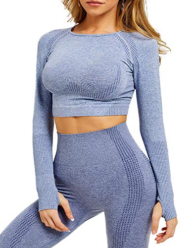 SEASUM Women Workout Crop Top Seamless Shirt Athletic Long Sleeve Fitness Tight Tee M