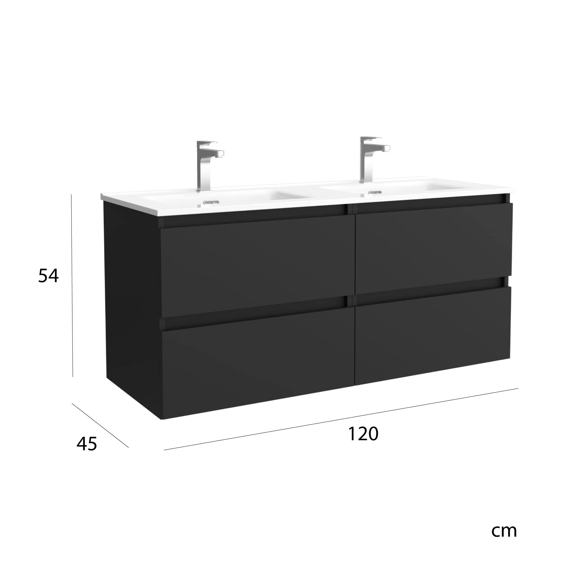 Mueble de baño Bequia 120 cm con Lavabo 100% montado de fábrica | Acabado Negro Mate suspendido 4 cajones Cierre amortiguado Apertura con uñero | Lavabo 2 pozas Porcelana Blanca | Salgar