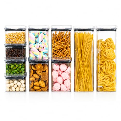 Kit 10 Potes Herméticos Acrílico Quadrado Empilháveis, Tampa de Vedação Silicone, Porta Alimentos e Mantimentos, Armário Cozinha Despensa