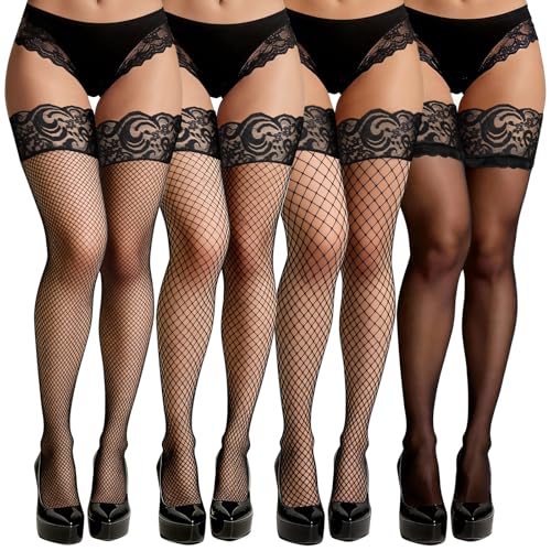 flintronic 4 Paires Dentelle Bas Autofixants Femmes, Bas Résille en Dentelle, Noirs Transparents, Antidérapant Silicone