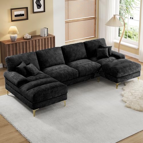 Sapgaks Grand canapé d'angle Moderne en U,avec Fauteuil inclinable Double,canapé 4 Places en Chenille,Canapé de Salon (Noir)