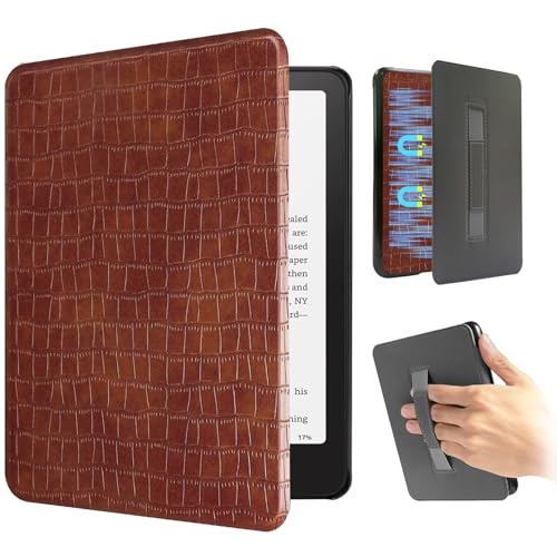 SCSVPN Case for 7 Kindle Paperwhite 12th Gen 2024 & Kindle Colorsoft Signature Edition Slim Premium PU Leather Double-Sided Magnetic Hard Back Shell Cover with Hand Strap Auto Sleep/Wake (Brown)