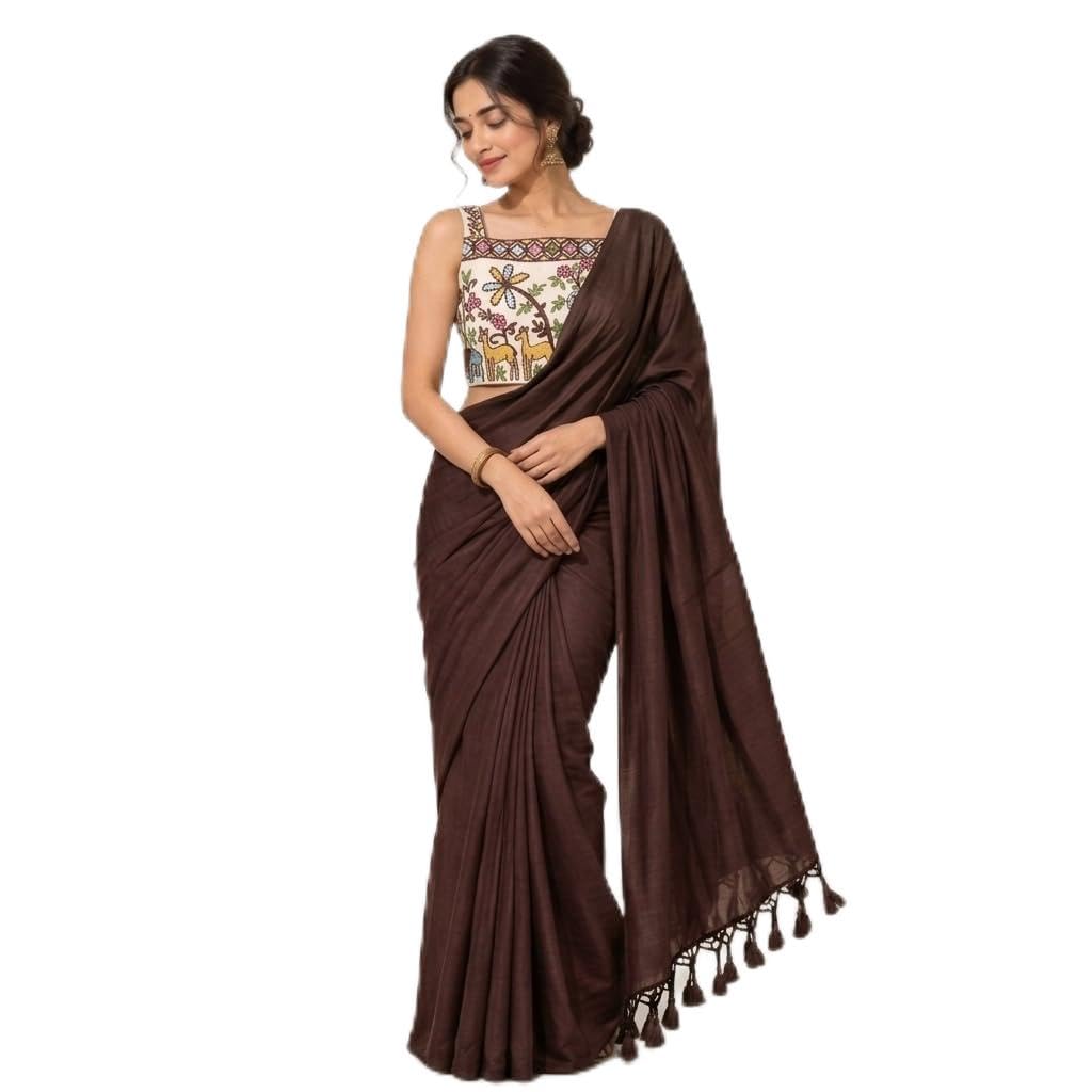 Handloom Khadi Cotton Saree with Embroidered Cotton Blouse Piece, Lightweight, Tassels, Ethnic Festive Casual Office Wear (Dark Brown)-picture-17