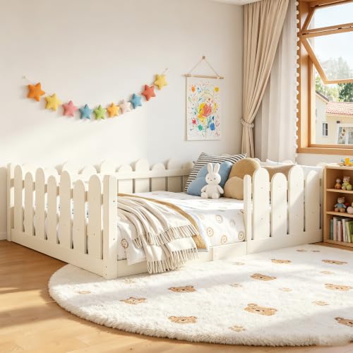Image of Bellemave Full Size Kids Montessori Floor Bed,Floor Bed Frame with Rounded Safety Guardrail,Solid Wood Montessori Bed for Girls Boys,Beige
