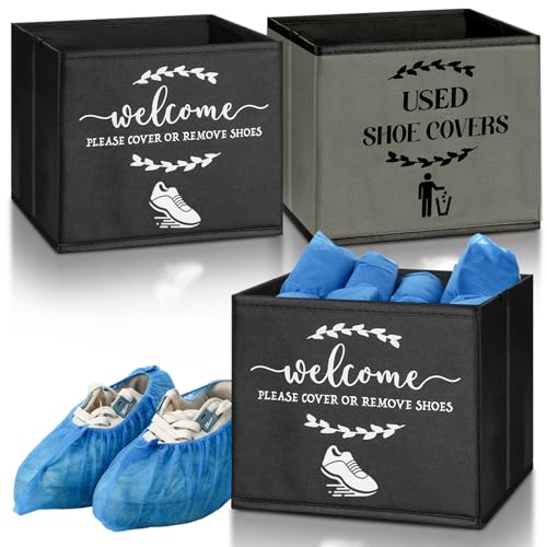 Singhoow 2 Pcs Shoe Cover Boxes Dispenser Foldable Storage Bins, Used Shoe Covers and Welcome Please or Remove Sign Entryway Basket Holder for Open House Supplies(Dark Gray, Black)