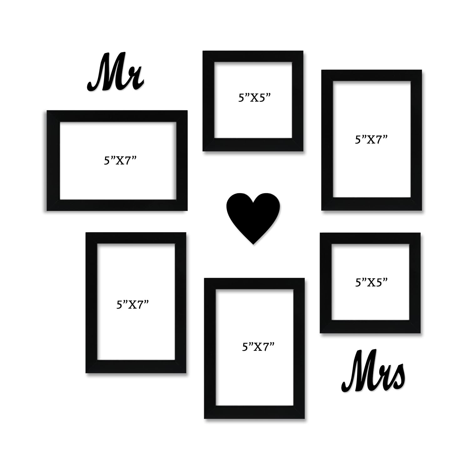 Solimo Eco Series Wall Photo Frame Set Of 6 | Mr. & Mrs. Mdf Plaque | Plexi Glass | Frame For Home And Office Decoration | Mixed Sizes - 5X7, 5X5 Inches (Black), Rectangular 1