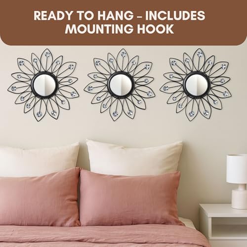 Image of Metal Sunflower Mirror Wall Decor with Crystal Decorative Mirror Wall Mounted | Mirror Wall Decor for Living Room | Beautiful Modern Designer | Hanging Mirror Sculpture Set of 3 (Crystal Black)