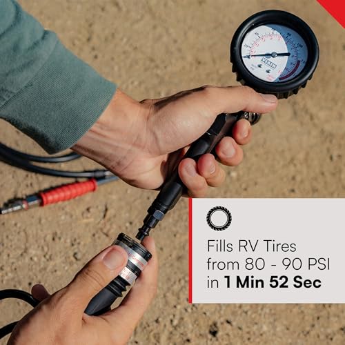 Image of VIAIR 400P-RV EF Enhanced Flow - 40144 12V Tire Inflator Portable Air Compressor with RV Inflation Gun, 90 Degree Chuck | 33% Duty Cycle @ 100 PSI, Max Pressure 150 PSI (SAE, Alligator Clips)