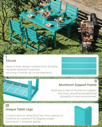 Image of GREENVINES Outdoor Dining Table | 67'' | HDPE | Rectangle Tables for 6 | All-Weather | Umbrella Hole | Patio Furniture | for Poolside Backyard Garden | Aqua