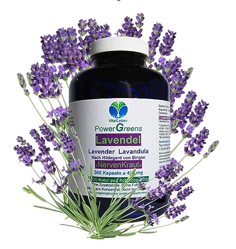 LAVENDEL 360 Kapseln [NERVEN-KRAUT] Blüten Pulver pur nach Hildegard von Bingen - Beruhigung + Entspannung & schöner Schlaf + GUTE NACHT. NATUR pur [ohne ZUSATZSTOFFE] 26630-360