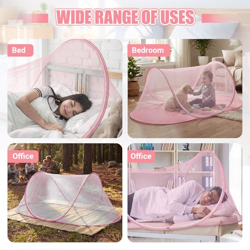 Image of 2 Pcs Large Pop up Mosquito Tent Portable Foldable Mosquito Bug Net for Bed Camping Travel Patio Outdoor 78 * 31 * 22 Inch Bug Netting Mesh Tent Canopy for Adults Bedroom, Pink