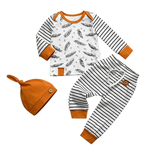 Image of 3PCS Newborn Baby Boy Clothes Long Sleeve Printed Stripe T-Shirt Pants and Hat Outfit Set