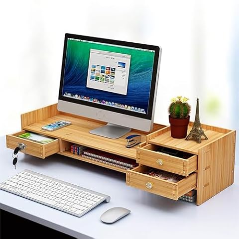 Esyogen Stojak na monitor z drewna, z zamkiem dł. 65,5 x 20 x 13,5 cm, z podwyższeniem monitora, organizer z miejscem do przechowywania, do komputera, laptopa