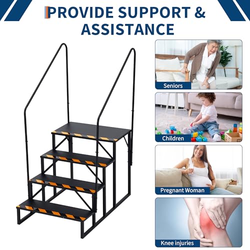 Wohnmobil-Treppe mit beidseitigem Handlauf – 4 Stufen, rutschfest, 300 kg Tragkraft, tragbare Außentreppe für Wohnwagen, Camper, Pool, Wirbel, Veranda – stabile RV Step Stairs – Bilateral 4th order
