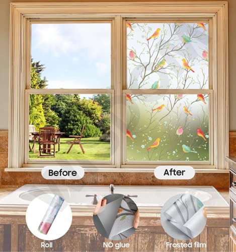 Image of WISDOM Privacy Window Film Frosted Glass Film Glass Film No Glue Anti-UV Window Sticker Non Adhesive for Privacy Office Meeting Room Bathroom Living Room (Color Birds Frosted, 12 x 100 inch)