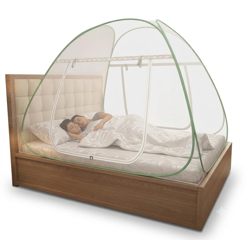bed mosquito king size | premium double bed machardani | fine mesh polyester | foldable tent type with zipper entry | washable | green