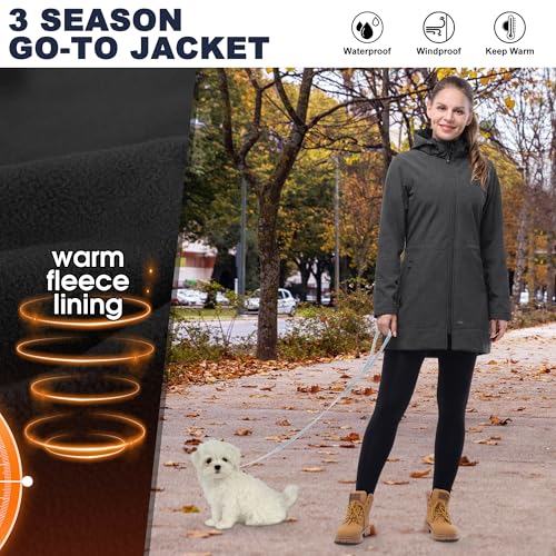 33,000ft Softshelljacke Damen Lange Übergangsjacke Wasserdicht Winddicht Softshellmantel Windbreaker Atmungsaktiv Wanderjacke Outdoor Mantel mit Abnehmbarer Kapuze Dunkelgrau, 40