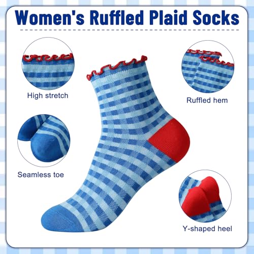 Image of 6 Pairs Women Ruffle Striped Frilly Socks, Cute Checkered Ankle Sock for Women Cotton Knit Casual Crew Socks