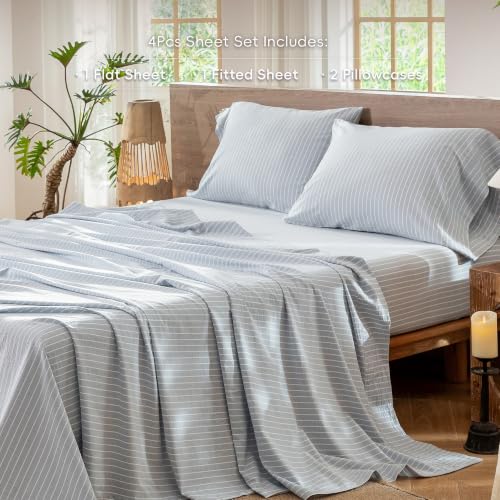 Image of MooMee Striped Sheet Set 100% Washed Cotton Linen Like King