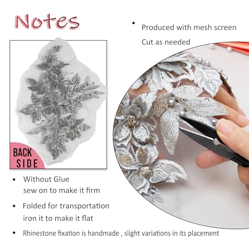 Aplique de encaje con diamantes de imitación bordados 3D Silvora plata 5
