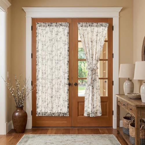 Image of jinchan Floral French Door Curtain Panel Farmhouse Decor Light Filtering Linen with Tie Up Bow for Glass Door or Patio 72 Inch Length Rod Pocket 1 Panel Black on Linen