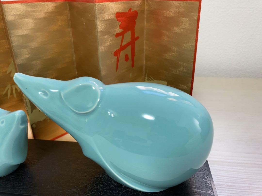 爪楊枝入れ E-壁 干支 置物 ねずみ 親子 2点セット 青磁 陶器 縁起物