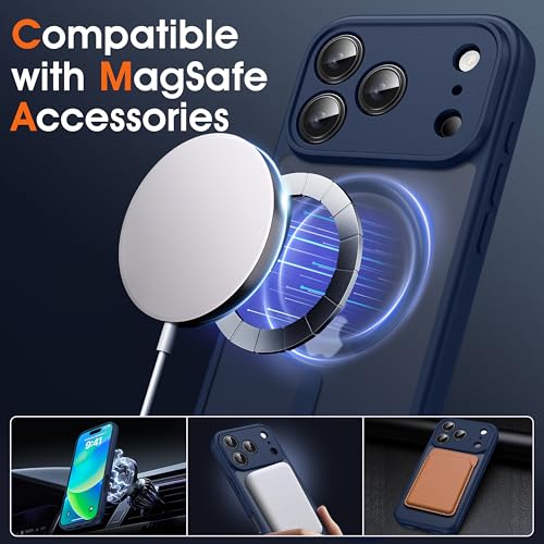 Image of Oterkin Magnetic for iPhone 17 Pro Max Case Matte, Full Camera Protection Compatible with MagSafe Frosted Translucent Shockproof Anti-Scratch Slim Fit Case Military Grade Protection (Dark Blue)