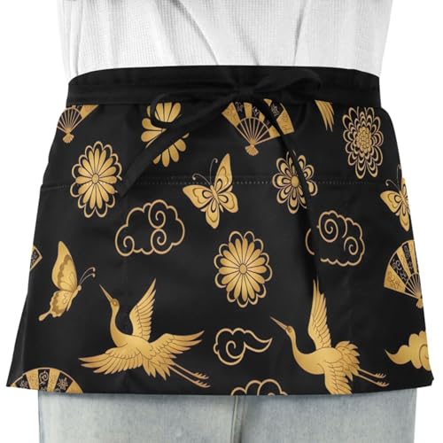TSENQUE Aesthetic Golden Cranes Clouds Black Aprons for Server with Pockets Funny Cute Art Half Womens Waist Apron 25.2" x 11.8"