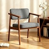 LSSPAID Mid Century Dining Chair Set of 1, Grey Fabric Upholstered with Walnut Finished Handrails Comfy Backrest, Farmhouse Dining Room Chairs for Kitchen, Living Space & Restaurant