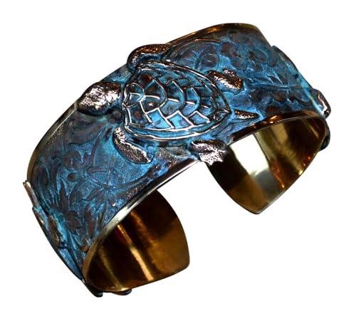 Verdigris Patina Solid Brass Classic Sea Turtle Cuff Bracelet by Elaine Coyne Made In USA - Main Image