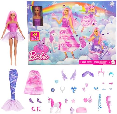 Barbie Adventskalender mit Puppe und Fantasiezubehör | 24 Teile Überraschungszubehör inkl. Einhorn und Haustiere, Modepuppe wird zu Meerjungfrau, Fee und mehr, JFL66