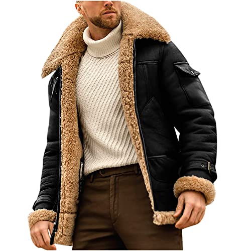 Sherpa Lined Leather Jacket Men Suede Sherpa Shearling Faux Fur Leather Coat Sheepskin Winter Coat Fur Collar Jacket
