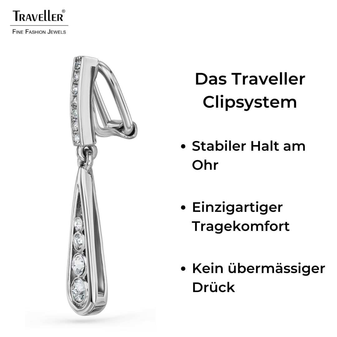 Traveller Ohrclip - Hänger - Damen - Silbefarben - Kristalle - Tropfenform - Platiniert - 35x7mm