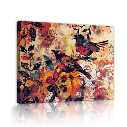 Peinture murale fleurs et oiseaux style bohème 70x100 pour salon