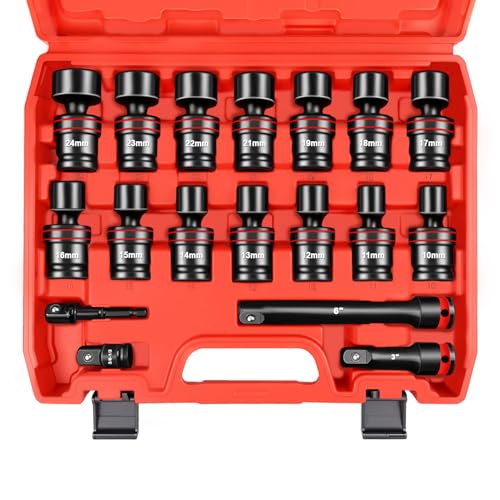 WETT 18-Piece 1/2 Drive Shallow Impact Universal Joint Socket Set Metric Swivel Socket Set (10-24mm) Flexible Wobble Sockets with 3 6 Extension Bar Adapter 6 Point