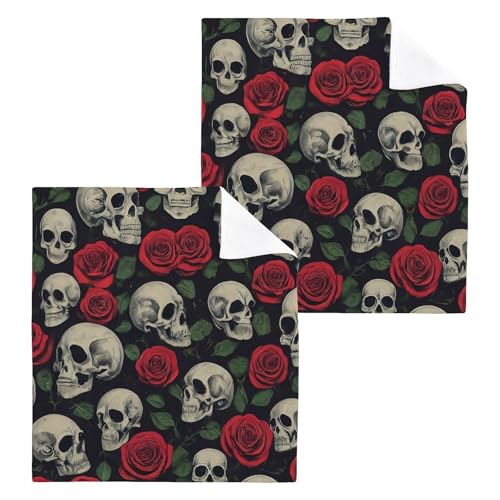 YANENDIE Skulls and Roses Washcloths Towels, Highly Absorbent and Soft Cotton Face Cloths, 2 Pack Quick Dry Wash Cloths - 12 X 12 Inches